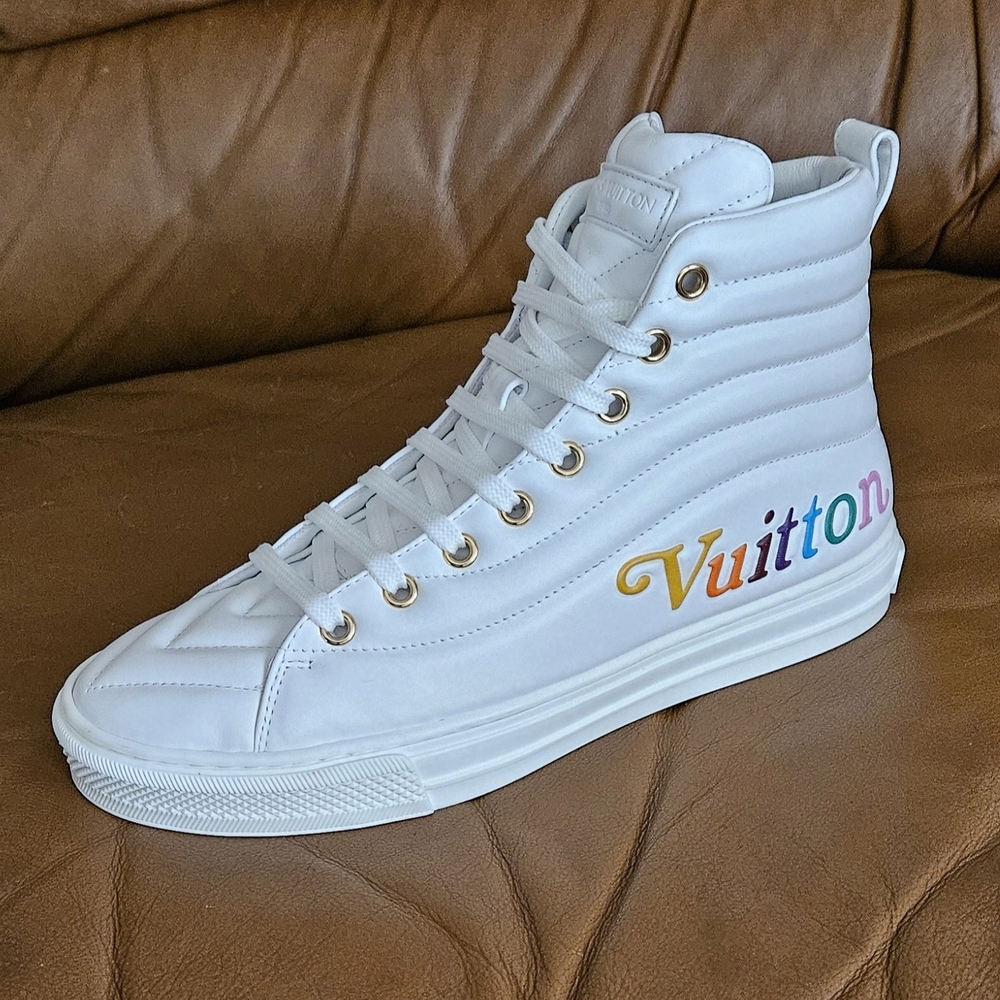 Women's Louis Vuitton White Leather Rainbow Logo Hightop Sneakers Size 6.5 US - Picture 2 of 16
